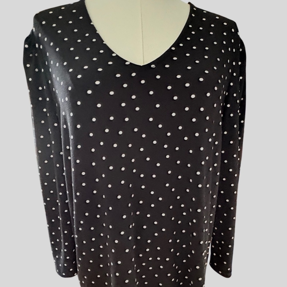 Adrianna Papell Black White Polka Dot V-Neck Puff Sleeve Blouse Top Large